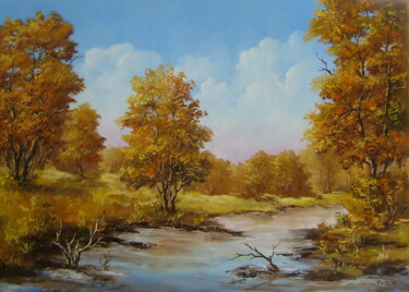 Painting titled "Autumn colours" by Karola Kiss, Original Artwork, Oil Mounted on Wood Panel