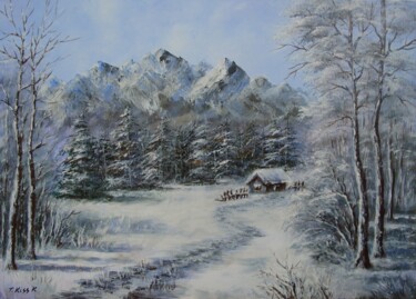 Painting titled "Winter road" by Karola Kiss, Original Artwork, Acrylic Mounted on Wood Stretcher frame