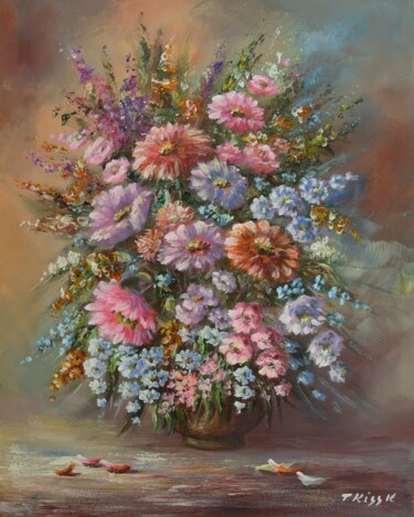 Painting titled "Bouquet of flowers" by Karola Kiss, Original Artwork, Acrylic Mounted on Wood Stretcher frame