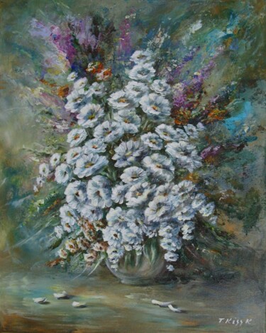 Painting titled "White flowers" by Karola Kiss, Original Artwork, Acrylic Mounted on Wood Stretcher frame