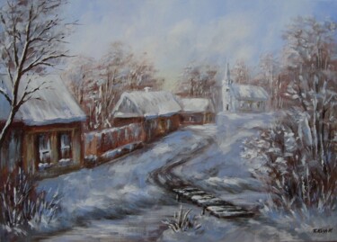Pittura intitolato "Winter village" da Karola Kiss, Opera d'arte originale, Acrilico Montato su Telaio per barella in legno