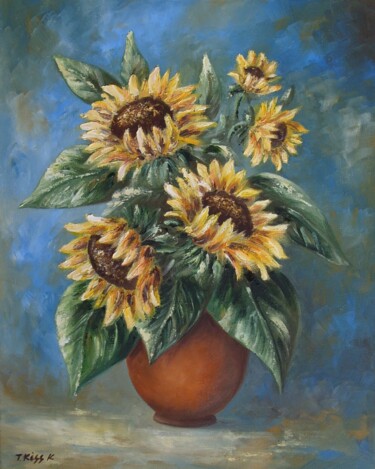 Painting titled "Sunflowers" by Karola Kiss, Original Artwork, Oil Mounted on Wood Panel