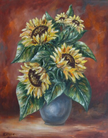 Painting titled "Sunflowers in a vase" by Karola Kiss, Original Artwork, Oil Mounted on Wood Panel