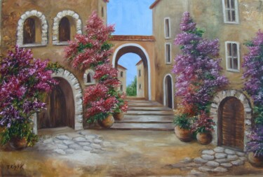 Painting titled "Old Town 1" by Karola Kiss, Original Artwork, Oil Mounted on Wood Panel