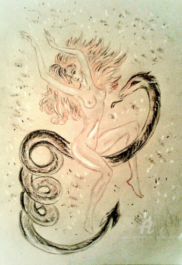 Drawing titled "Witch and Snake" by Karolina Ingo (Karolina Navi -Ingo), Original Artwork, Pastel