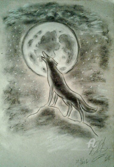 Zeichnungen mit dem Titel "Wolf and Moon" von Karolina Ingo (Karolina Navi -Ingo), Original-Kunstwerk, Pastell
