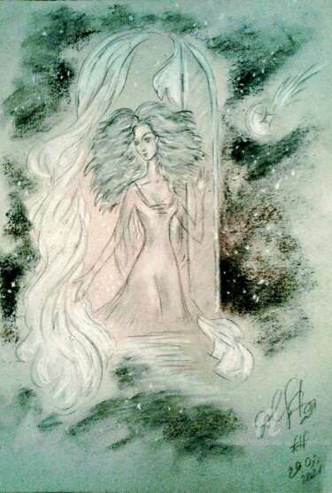 Dessin intitulée "Girl at the night w…" par Karolina Ingo (Karolina Navi -Ingo), Œuvre d'art originale, Pastel