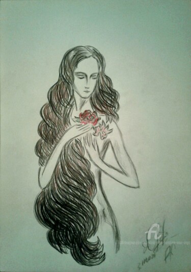 Dessin intitulée "The girl with a ros…" par Karolina Ingo (Karolina Navi -Ingo), Œuvre d'art originale, Crayon