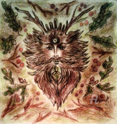 Zeichnungen mit dem Titel "Green Man" von Karolina Ingo (Karolina Navi -Ingo), Original-Kunstwerk, Conté-Buntstifte