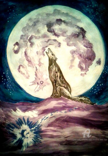 Pintura intitulada "Wolf Moon" por Karolina Ingo (Karolina Navi -Ingo), Obras de arte originais, Guache