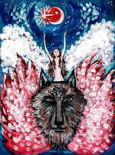 Painting titled "Red Moon Werewolf" by Karolina Ingo (Karolina Navi -Ingo), Original Artwork, Acrylic