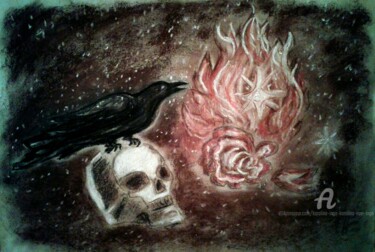 Painting titled "Raven and Skull" by Karolina Ingo (Karolina Navi -Ingo), Original Artwork, Pastel