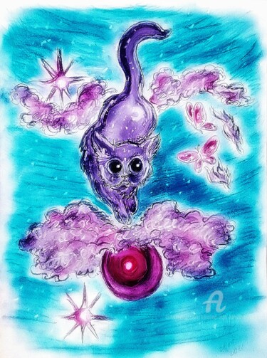 Dessin intitulée "Moon Cat" par Karolina Ingo (Karolina Navi -Ingo), Œuvre d'art originale, Pastel