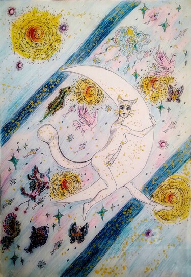 Malarstwo zatytułowany „Catwoman swinging o…” autorstwa Karolina Ingo (Karolina Navi -Ingo), Oryginalna praca, Gwasz