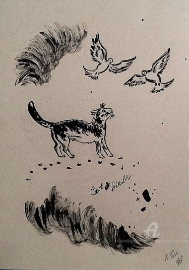 Disegno intitolato "Cat and Birds" da Karolina Ingo (Karolina Navi -Ingo), Opera d'arte originale, Acrilico
