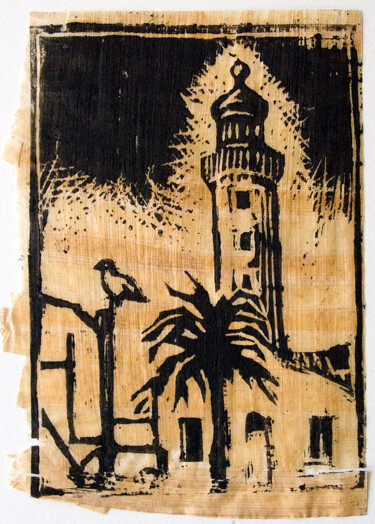 Prenten & gravures getiteld "Le phare du Grau du…" door Karolus, Origineel Kunstwerk, Linosnede