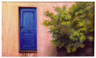 Painting titled "Porte bleue" by Karolus, Original Artwork, Pastel