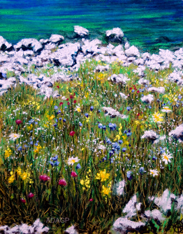 Peinture intitulée "Berge fleurie*" par Karolus, Œuvre d'art originale, Pastel