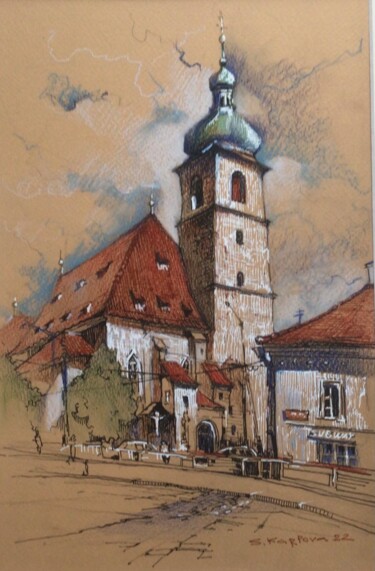 Desenho intitulada "Kostel sv. Jindřich…" por Svitlana Karpova, Obras de arte originais, Conté
