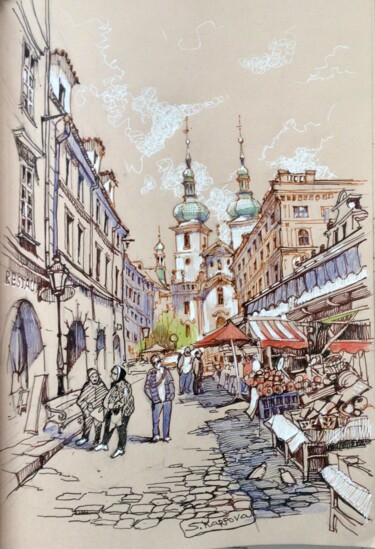 Dibujo titulada "Spring in Prague" por Svitlana Karpova, Obra de arte original, Pluma de gel