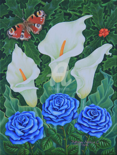 Painting titled "Fleurs et papillons…" by Karssay Natália Constancia, Original Artwork, Oil