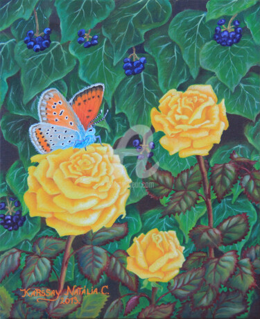 Peinture intitulée "Fleurs et papillons…" par Karssay Natália Constancia, Œuvre d'art originale, Huile