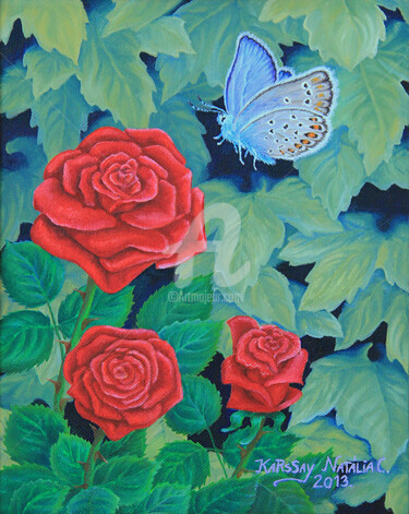 Painting titled "Fleurs et papillons…" by Karssay Natália Constancia, Original Artwork, Oil