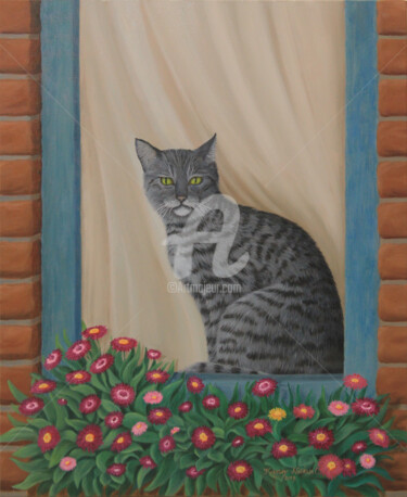 Painting titled "Minou – Je vois tout" by Karssay Natália Constancia, Original Artwork, Oil