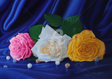 Painting titled "Roses et perles" by Karssay Natália Constancia, Original Artwork, Oil