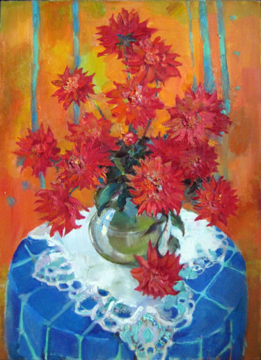 Peinture intitulée "Dahlias" par Anastasiia Grygorieva, Œuvre d'art originale, Huile