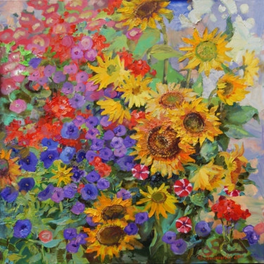 Painting titled "sunflower mix" by Anastasiia Grygorieva, Original Artwork, Oil