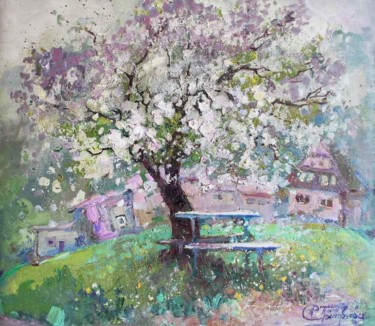 Painting titled "Sakura in the Carpa…" by Anastasiia Grygorieva, Original Artwork, Oil