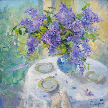 Painting titled "Lilac on the table" by Anastasiia Grygorieva, Original Artwork, Oil