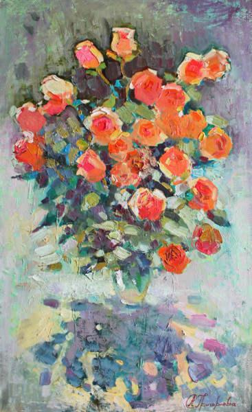 Schilderij getiteld "Coral roses" door Anastasiia Grygorieva, Origineel Kunstwerk, Olie