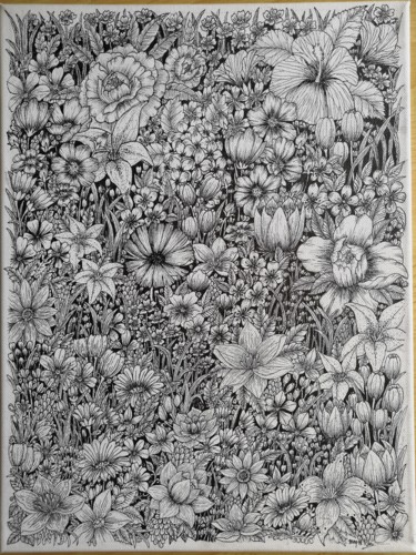 Рисунок под названием "Flowers in the gard…" - Kartini Pelg, Подлинное произведение искусства, Чернила