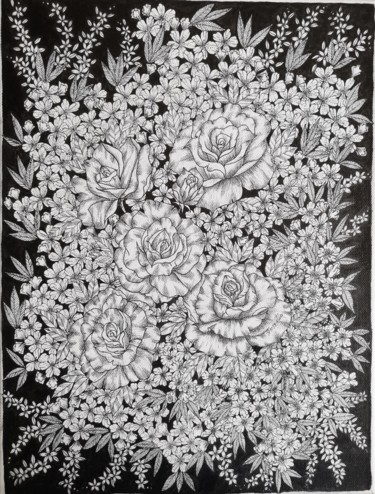 Drawing titled "Roses Garden" by Kartini Pelg, Original Artwork, Ink