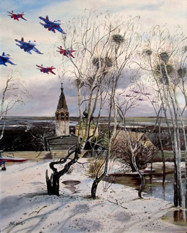 Schilderij getiteld "Стрижи прилетели" door Arutyun Karakhanov, Origineel Kunstwerk, Olie