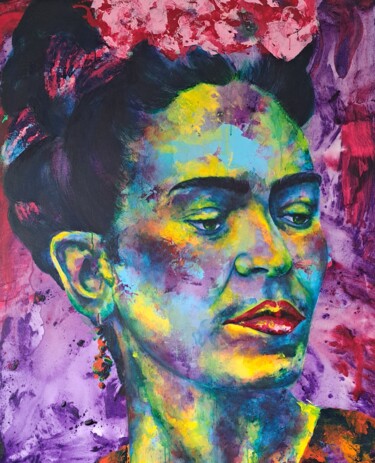 Painting titled "Frida Kahlo" by Kascho, Original Artwork, Acrylic Mounted on Wood Stretcher frame