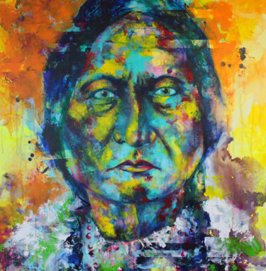 Painting titled "Sitting Bull" by Kascho, Original Artwork, Acrylic Mounted on Wood Stretcher frame