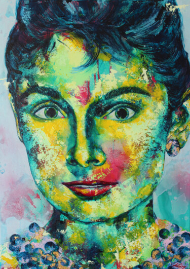 Painting titled "Audrey Hepburn - Go…" by Kascho, Original Artwork, Acrylic Mounted on Wood Stretcher frame