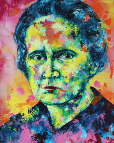 Schilderij getiteld "Marie Curie" door Kascho, Origineel Kunstwerk, Acryl Gemonteerd op Frame voor houten brancard