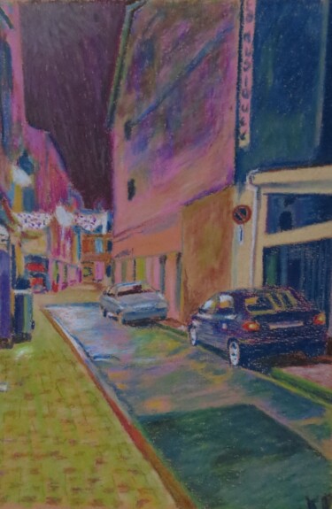 Drawing titled "car street" by Kash, Original Artwork, Pastel