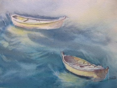 Design intitulée ""Barques sur mer ag…" par Mireille Rossier, Œuvre d'art originale