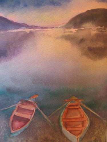 Design intitulée ""Barques à l'aube" 2" par Mireille Rossier, Œuvre d'art originale