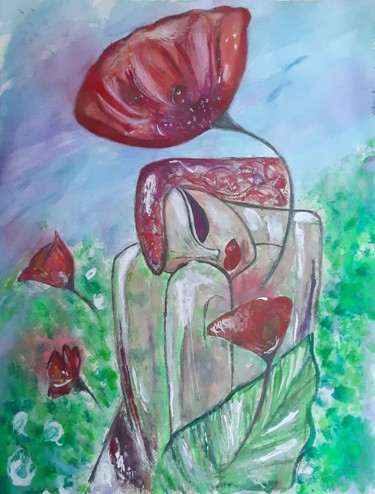 Painting titled "Girl with tulips" by Katarzyna Kwapisz, Original Artwork, Watercolor