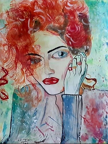 Schilderij getiteld "Red Haired Girl" door Katarzyna Kwapisz, Origineel Kunstwerk, Aquarel