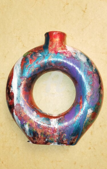 Sculpture intitulée "Vase bleu et rouge ©" par Kasiopea, Œuvre d'art originale, Papier mâché