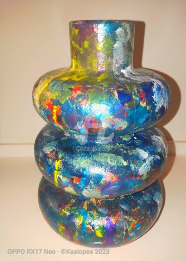 Sculpture titled "Vase à ronds bleus ©" by Kasiopea, Original Artwork, Paper maché
