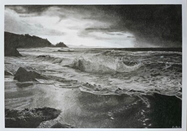 Рисунок под названием "Gewitter am Meer" - Kaspar Von Bergen- Mountainart, Подлинное произведение искусства, Древесный уголь