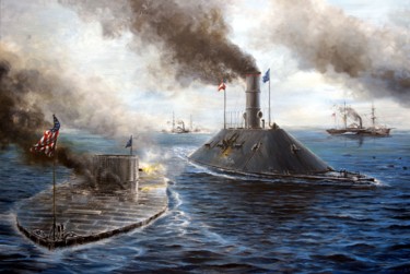 Pittura intitolato "USS Monitor vs CSS…" da Łukasz Kasperczyk, Opera d'arte originale, Olio